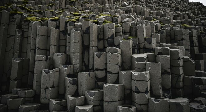 Basalt columns, volcanic rock formation, hexagonal stones, natural landscape