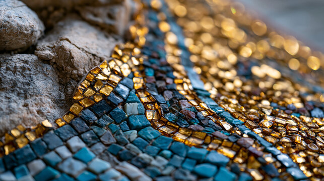 Byzantine mosaic apse detail fragment close, gold tesserae setting angle variation creating surface shimmer, vitreous glass face tile, opus vermiculatum contour joint, fifth-century heritage conserv