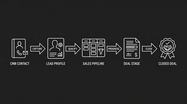 Visualizing the sales funnel process from crm contact and lead profile qualification through pipeline progress deal stage and finally to a closed deal with handshake icon