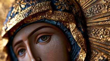 Fototapeta premium Gilded Byzantine halo icon close, hammered gold leaf repoussé surface catching oblique candlelight, intricate engraved halo rays surrounding sacred portrait, tempera on aged oak panel, encaustic var