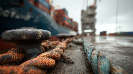 Obraz premium Heavy weathered mooring ropes and a rusted bollard secure a towering container ship at a gritty wet industrial quay under an overcast sky at the cargo port