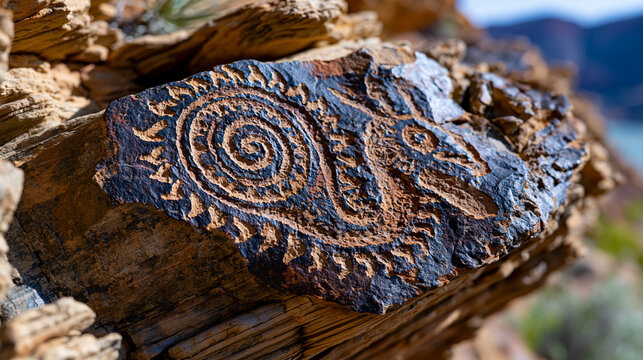 Desert sandstone cliff face petroglyphic carving close, ancient incised spiral and zoomorphic symbol patinated dark desert varnish, Holocene heritage rock art, arid erosion surface, oblique morning 