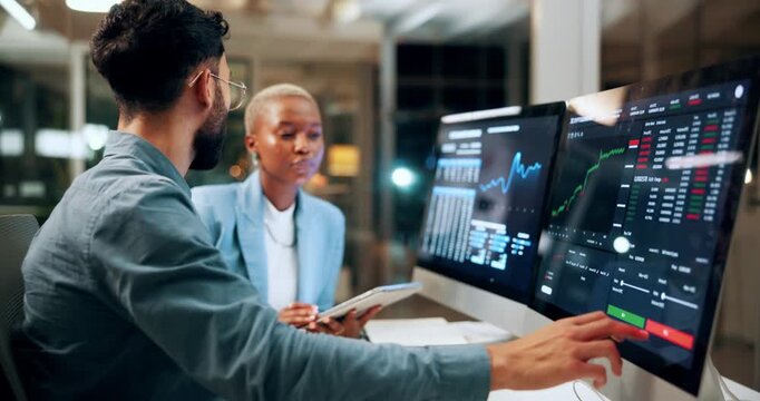 Trading, tablet and team advice on computer screen in office for market timing, trends or overtime. Trader dashboard, people and tech with graphs at night for price movement, economy news and mentor