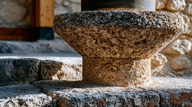Minoan palace column base stone close, tapered inverted truncated cone form, volcanic tuff surface erosion, Knossos Aegean Bronze Age heritage archaeology, raking afternoon Mediterranean light .ultr