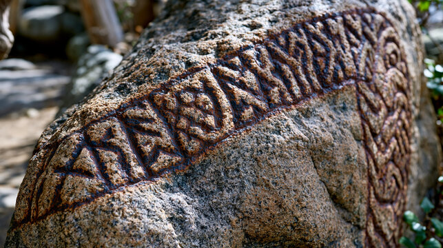 Norse runestone granite close carved inscription, Elder Futhark rune row chisel cut darkened iron oxide, serpent band border interlace, Swedish red granite crystal surface, Viking Age heritage archa