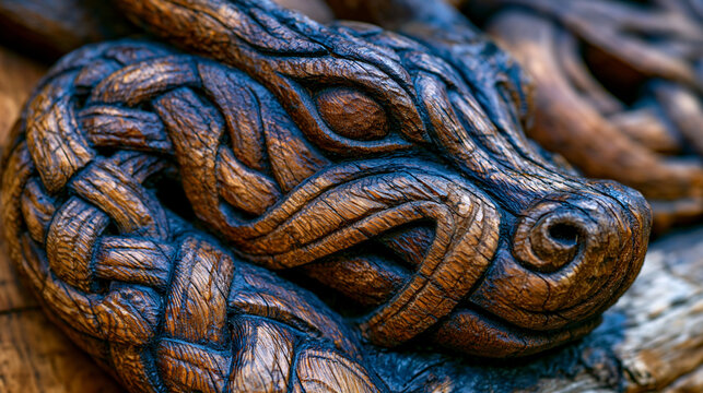 Norse carved wooden stave church portal dragon head close, Urnes style interlace serpent relief, hand-carved pine resin amber varnish surface, medieval Norwegian heritage ecclesiastical carpentry .u