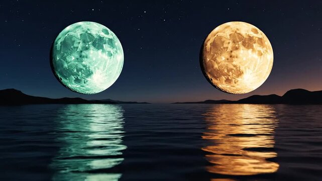 Two moons hovering above water surface at night with reflection