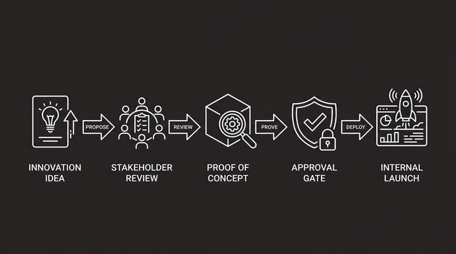 Business project development lifecycle from innovation idea to internal launch visualized as a clean white line art infographic with icons for stakeholder review proof of concept