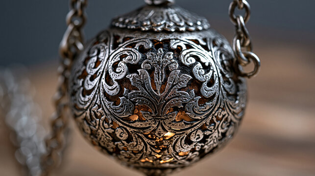 Ornate silver thurible hanging stationary on chain, etched ecclesiastical foliate scroll decoration, smoke residue patina inside perforated globe, Catholic liturgical incense vessel, studio negative