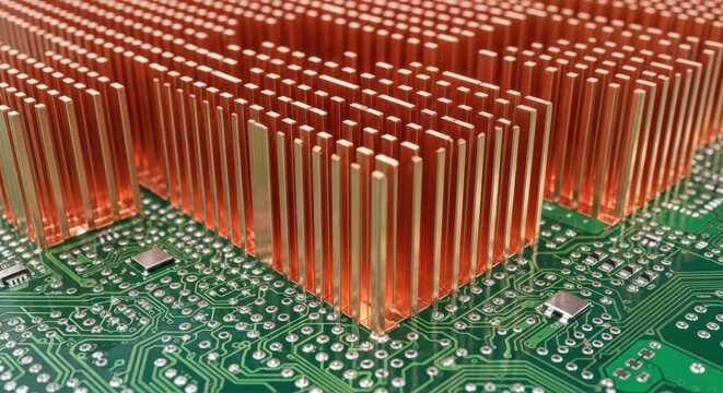 Heat sink, computer hardware, copper fins, green circuit board, electronic components