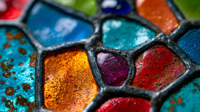 Stained glass panel macro close, medieval antique mouth-blown glass texture, iron oxide surface bloom, lead came solder joint, pot-metal ruby and sapphire fragment transmission light, Gothic glazing