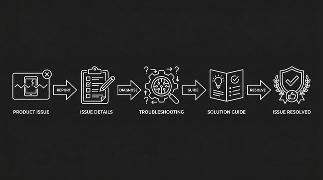 Problem solving process flowchart with icons and steps for issue resolution