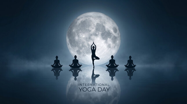 International Yoga Day Meditation Under Full Moon with Silhouette Yoga Practitioners