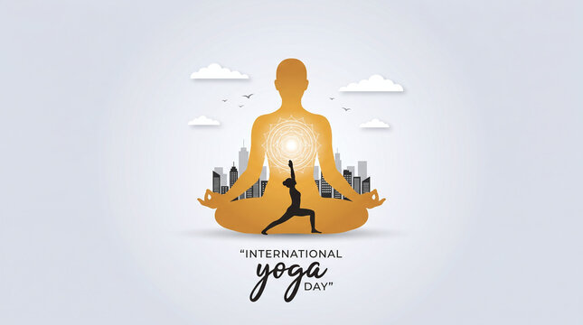 International Yoga Day Illustration with Meditation Silhouette and Urban Wellness Concept
