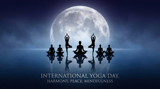 International Yoga Day Meditation Silhouettes Under Full Moon with Reflection on Water
