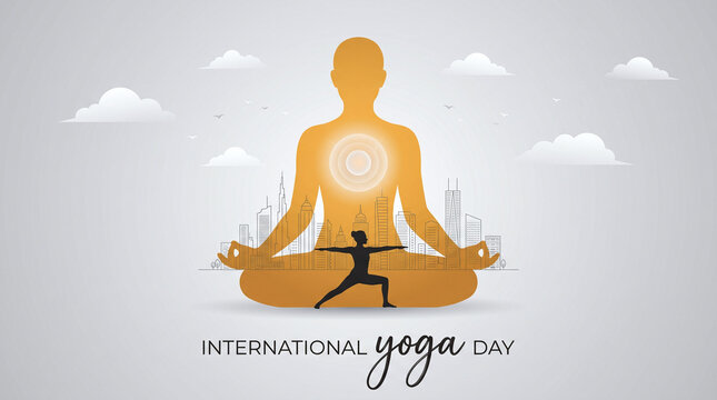 International Yoga Day Banner with Meditation and City Landscape