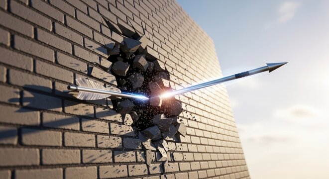Arrow piercing brick wall symbolizing achievement determination and breaking barriers