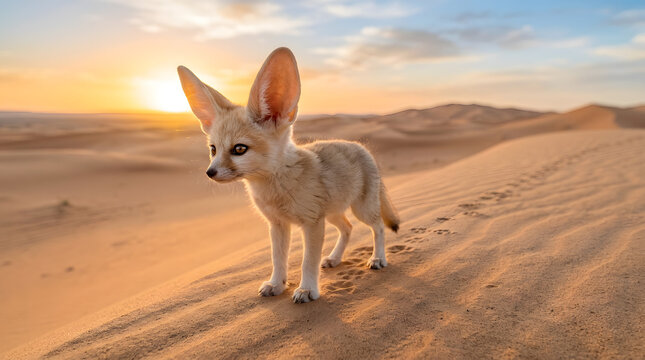 A small fennec fox with large ears stands on a golden sand dune in the desert at sunset, with warm light illuminating the landscape.