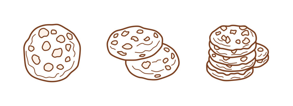 Cute and cozy line art vector illustration collection featuring three designs of chocolate chip cookies: single biscuit, a pair, and a stacked pile.