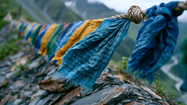 Tibetan prayer flag string blur, wind-tattered cotton khata panels flapping against slate mountain ridge, Sanskrit mantra ink fading, cedar pole rope anchor, monsoon sky depth, Himalayan Buddhist he