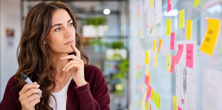 Generative AI, Thoughtful creative woman brainstorming with colorful sticky notes