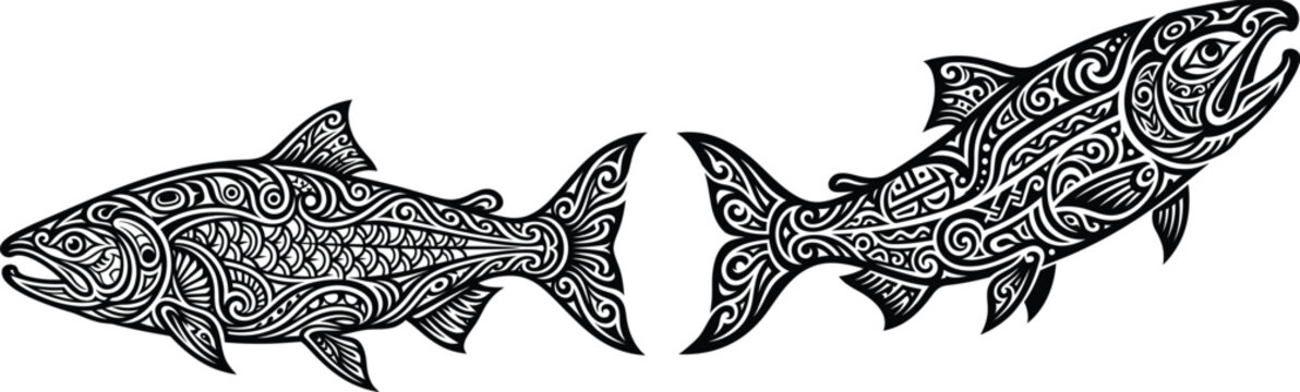 Two polynesian style fish illustrations black and white vector art