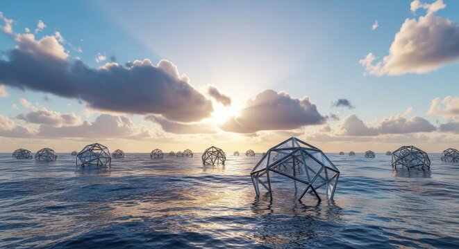 Futuristic, geometric sea creatures, blue ocean, sunset background, illustration