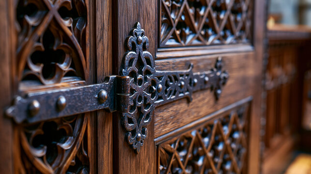 Confessional door carved walnut panel close, Gothic tracery lattice pierced through dense timber, iron hinge straps oxidized bronze patina, ecclesiastical joinery detail, aged pine resin amber varni