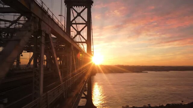 Dramatic forced perspective view along the side of a bridge at sunrise with sunbeams piercing through the structure
