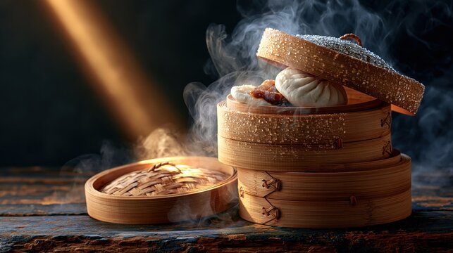 National Dim Sum Week: Atmospheric moody close-up still life of a single towering stack of three bamboo steamer baskets on a dark weathered wooden surface