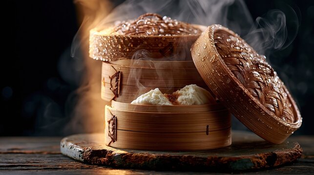 National Dim Sum Week: Atmospheric moody close-up still life of a single towering stack of three bamboo steamer baskets on a dark weathered wooden surface