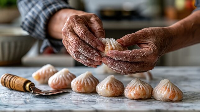 National Dim Sum Week: elderly Chinese woman's hands with flour-dusted fingers expertly pleating and folding raw har gow dumplings on a smooth marble surface,