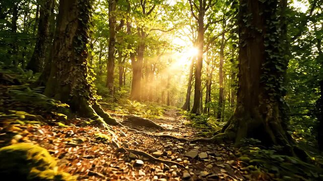 Cinematic low angle shot moving slowly along a winding forest trail with dappled golden sunlight filtering through lush green tree canopies