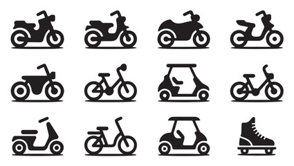 Set of black silhouette vehicle icons representing motorbikes bicycles scooters and skates. © Tanvir