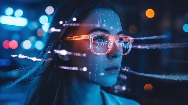 Futuristic woman wearing smart glasses with digital data reflection