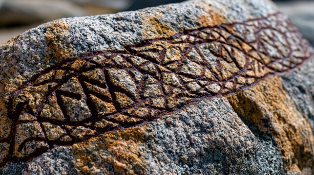 Norse runestone granite close carved inscription, Elder Futhark rune row chisel cut darkened iron oxide, serpent band border interlace, Swedish red granite crystal surface, Viking Age heritage archa