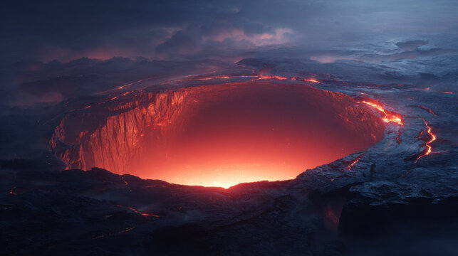 Giant volcanic crater glowing lava circular hole molten rock dark landscape dramatic sky fiery light hot magma deep pit eruption site
