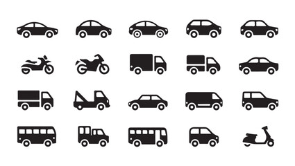 Solid icon set of transport vehicles including cars trucks buses motorcycles and scooters. © Tanvir