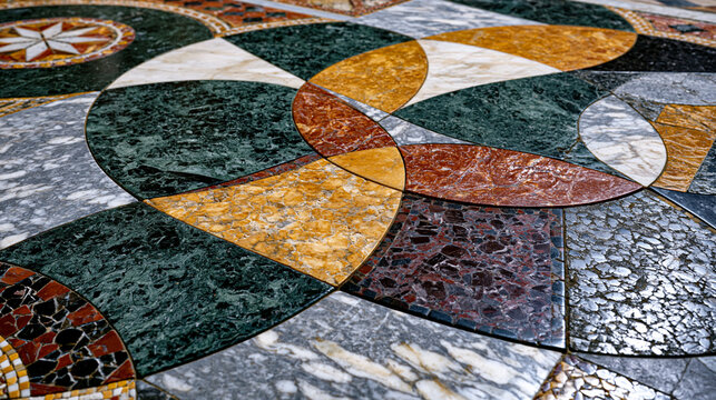 Sacred geometry marble floor mosaic cathedral nave, interlocking vesica piscis and octagram tesserae pattern, Cosmatesque opus sectile inlay, verde antico and porphyry geometric tiling, Romanesque p
