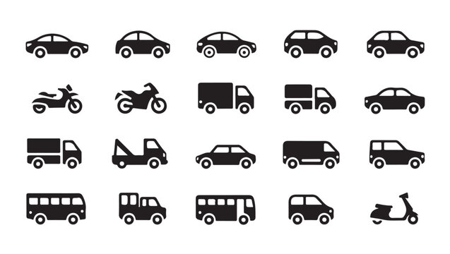 Solid icon set of transport vehicles including cars trucks buses motorcycles and scooters.
