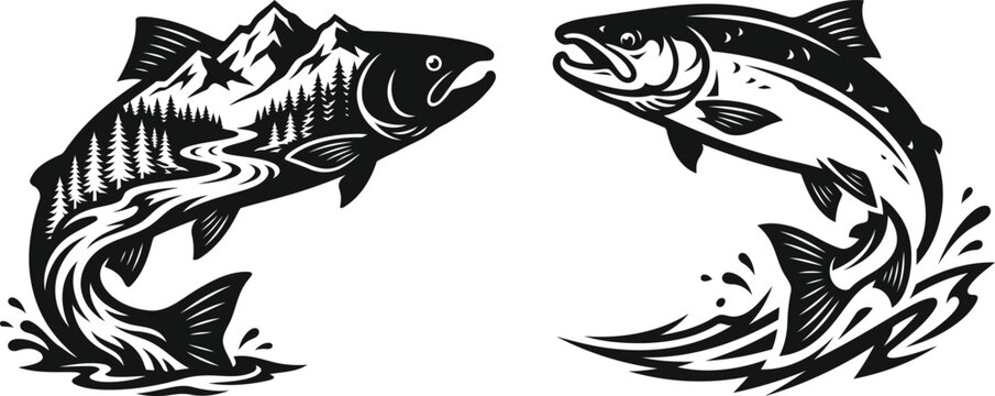 Black and white illustration of two jumping fish in a circular motion