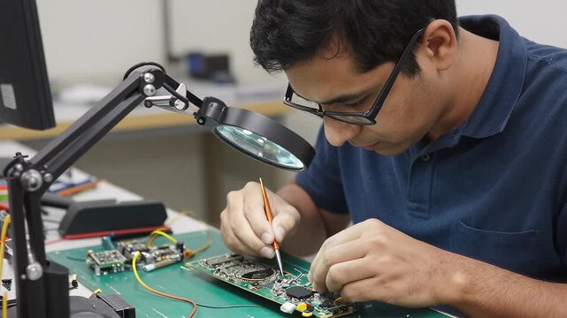 Tech Enthusiast Repairing Circuit Board with Precision Tools