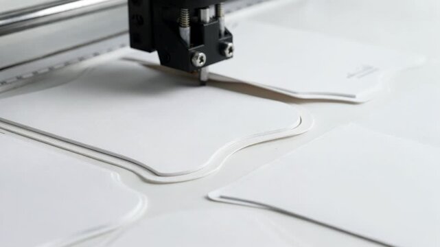 Medium shot of blank diecut greeting cards being processed with elegant curved edges on plain white card sheets highlighting the precision of craft tools