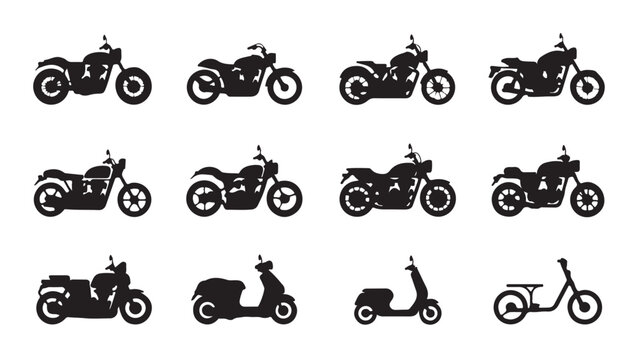 Various types of motorcycle and scooter silhouettes in black on gray.