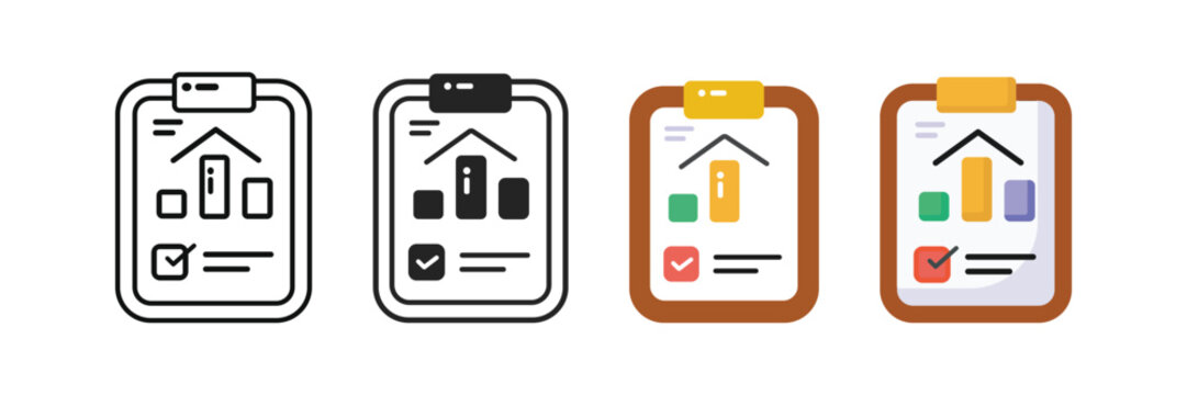 Set of four clipboard icons depicting a report with charts and checklist options