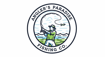 Fototapeta premium Angler's Paradise Fishing Co. Logo: Fisherman Casting Line in Circular Emblem