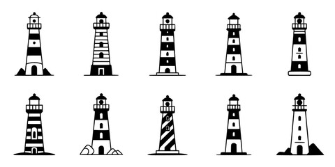 Fototapeta premium Lighthouse Icons Set of Black and White Vector Illustrations with Different Shapes and Windows for Navigation and Marine Design