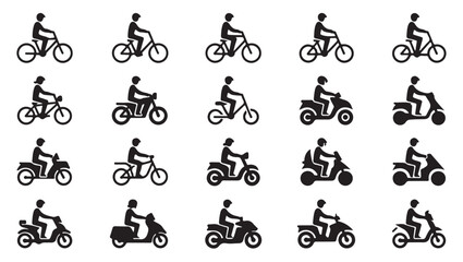 Set of human silhouette icons riding various bicycles and scooters on transparent surface. © Tanvir