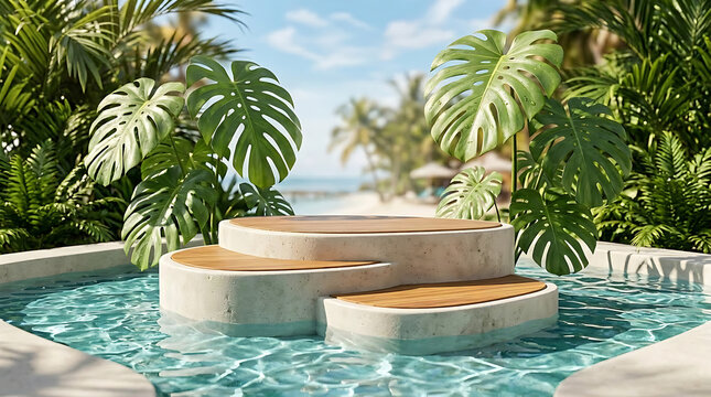 Tropical product podium in swimming pool with monstera leaves