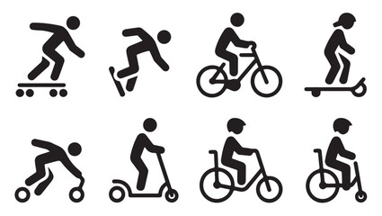 Action silhouettes of people using skateboards scooters and bicycles for sports activity. © Tanvir